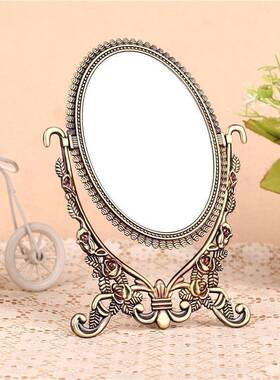 台式金属宫镜子家欧式廷风复古双面梳妆镜IKI用便化妆镜携可爱公
