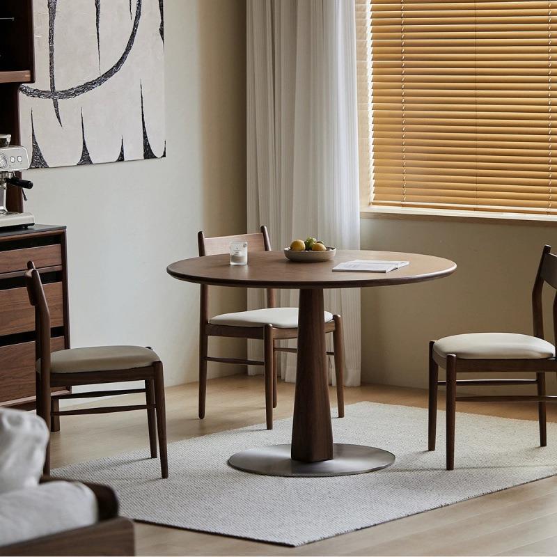 XW黑胡桃色圆桌复实木餐桌小户型约家圆用形SJK简休闲餐桌椅古组