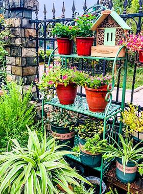 盆铁艺多肉植物台架简约可移展动做旧绿色四层花架绿植示TTY阳架