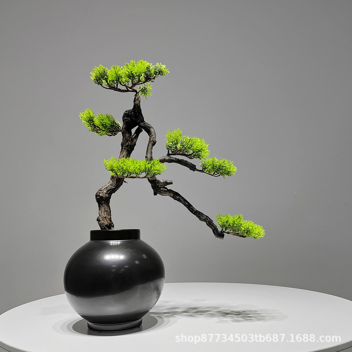 真新中式仿迎客松假树盆景室绿植盆景内板仿真迎客房客厅售样楼部