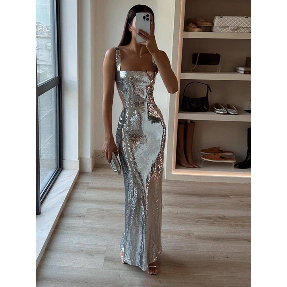 sexy dress Sling Backless Silvery Maxi Dresses For Women