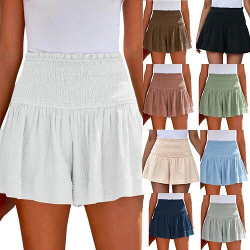 Pure pleated shorts, casual cotton and linen women's th