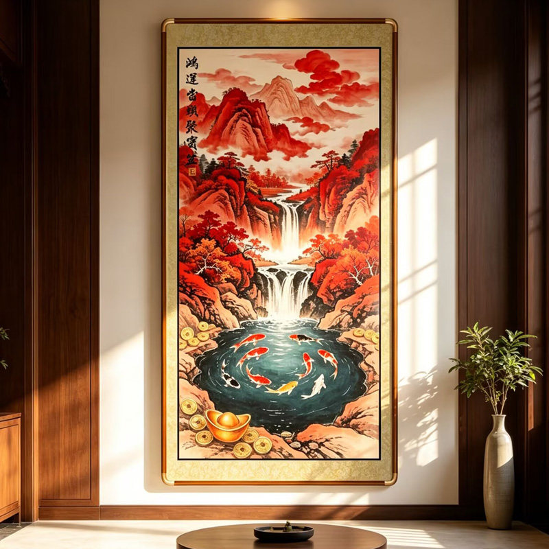 新中式聚宝盆九鱼招财挂画