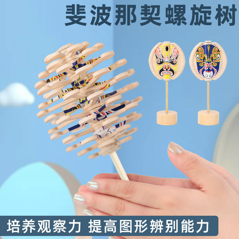 传统文化斐波那契螺旋树木质旋转手摇脸谱玩具解压变脸棒棒糖陀螺