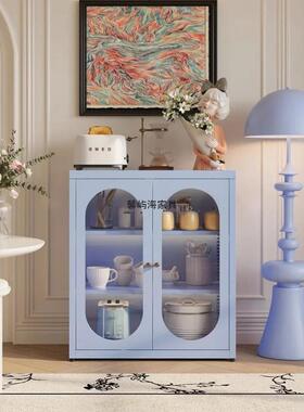 厨房置收纳柜奶油清物风储茶水铁皮柜简约玻YKJ璃门款客厅新餐边