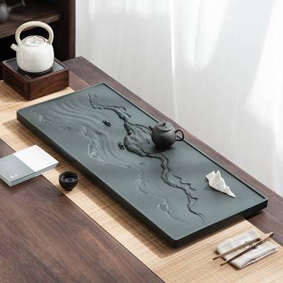 天罗绿青石茶盘整块家用简约石头茶台大小号石材排水茶海办公茶几