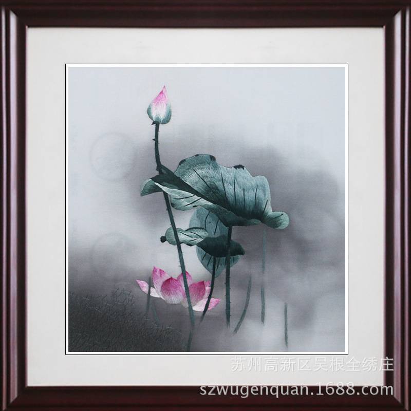 苏绣成品挂画客厅书房装饰画苏州手工刺绣经典荷花四联幅图片