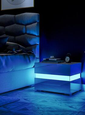 LED床头白色柜高光泽两抽中间储物屉现代卧室装饰柜家19850具侧桌