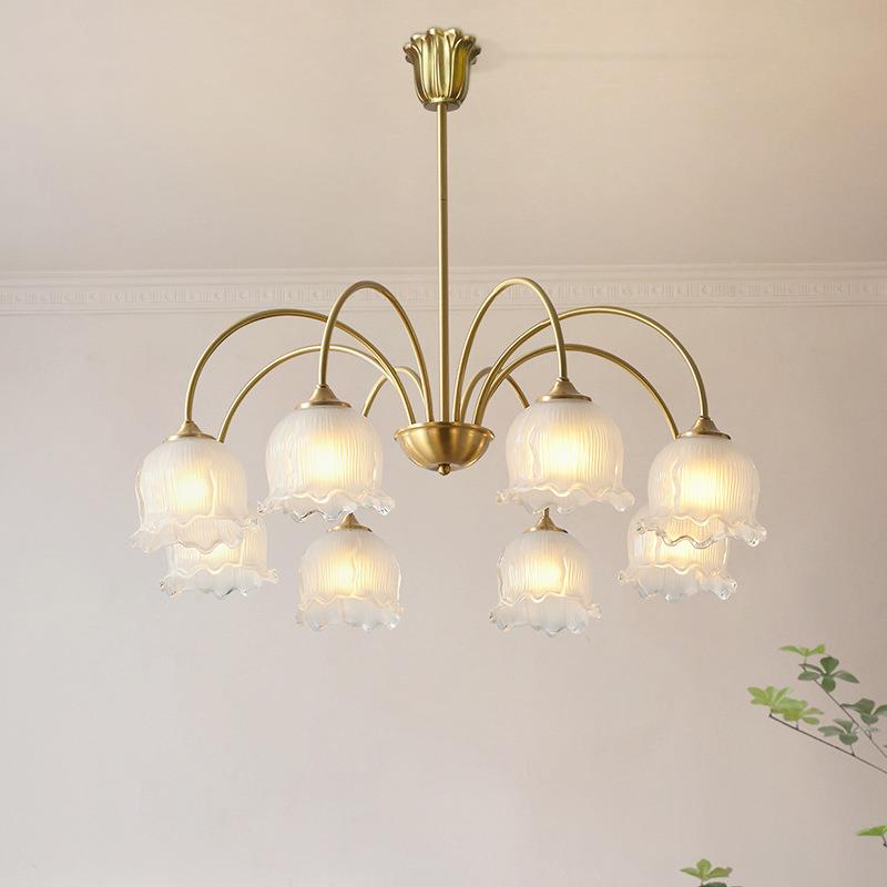 全铜法式奶油风铃轻兰花朵吊灯客厅厅餐卧主室灯具奢复842古美式