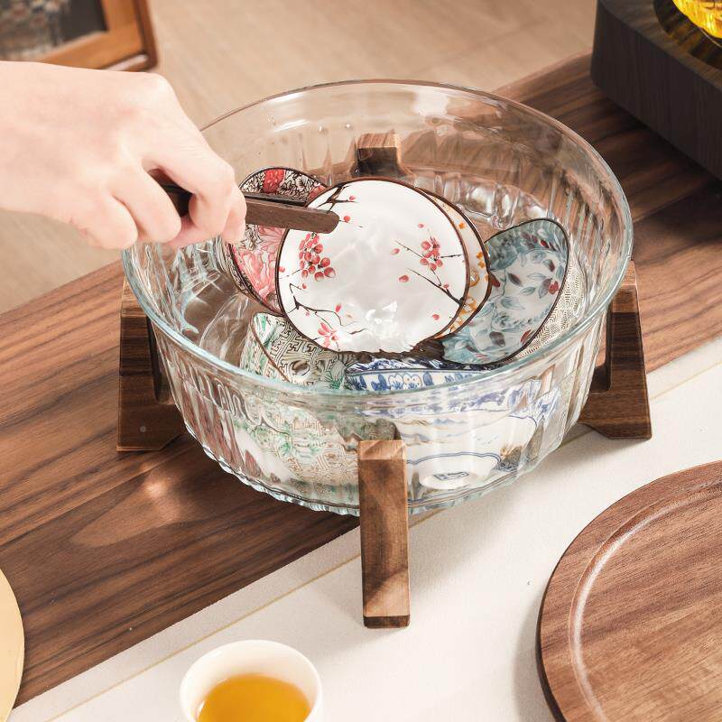 天台华茶莲中式高端玻璃茶洗缸带家用盖茶泡台废WDF高水缸耐温大