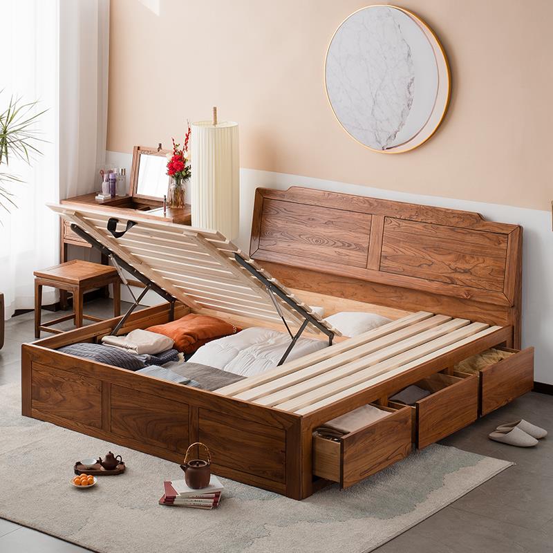 新中式双卧人老榆木收实木1.src－18-8床米储物加厚大床箱体纳简