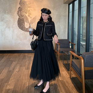 适合胯大腿粗百褶a字裙女半身裙子中长春秋网纱高腰新款 2020秋季