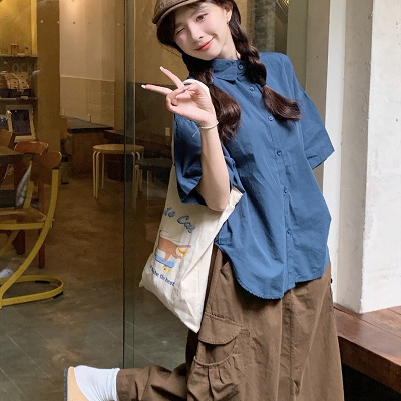 大码女装胖妹妹学院风复古宽松短袖衬衫口袋工装半身裙显瘦套装夏
