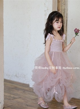 女童粉色甜美网纱公主裙2025夏季新款小女孩蝴蝶结蓬蓬裙吊带裙子