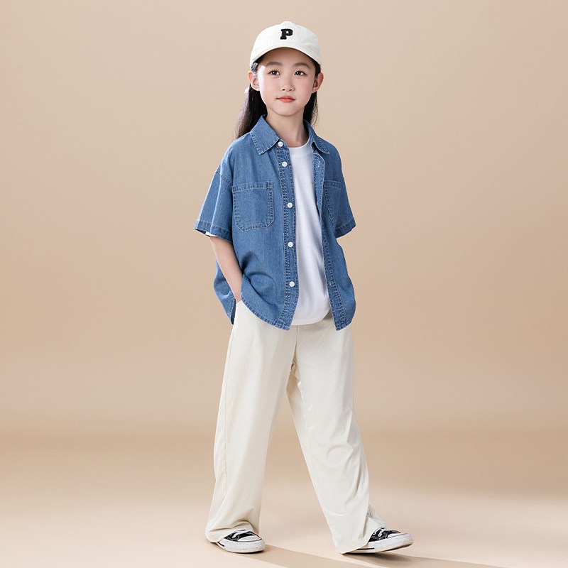 儿童牛仔衬衫2024夏季新款男女童短袖上衣百搭休闲牛仔衬衣亲子装