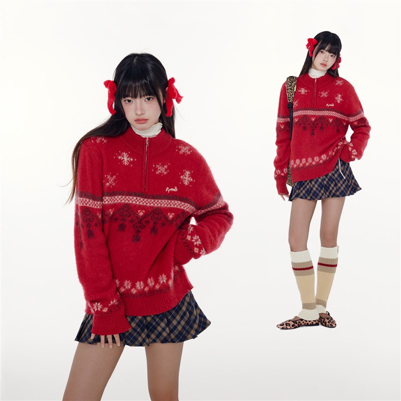 FPMZ 雪花灯笼本命新年红色甜美提花套头提花拉链毛衣针织衫