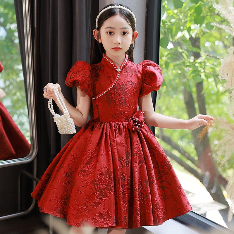 女童高端礼服生日中国风演出儿童小主持人花童公主裙红色旗袍秋冬