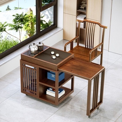 实木中式茶桌茶台阳台家用小户型旋转移动喝茶桌椅一体组合茶几