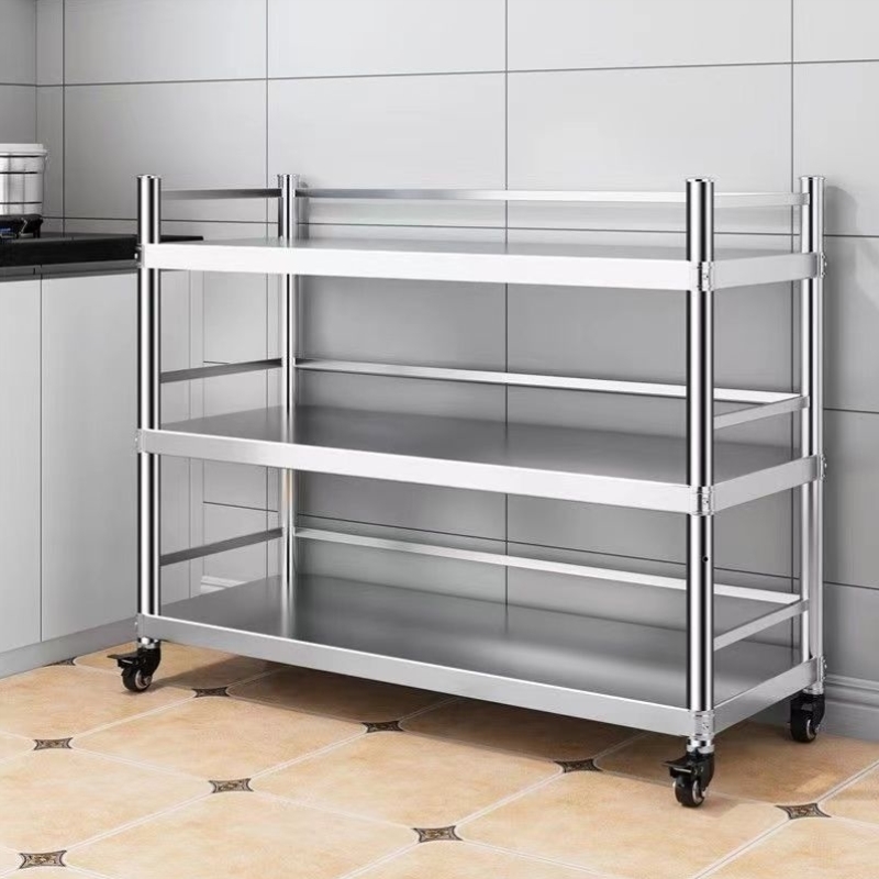 可移动厨房不锈钢置物架带围栏微波炉烤箱架子三层落地锅架带轮子