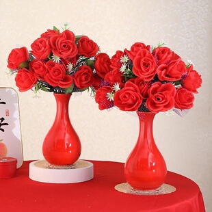 红色花瓶陶瓷插花一对带仿真花束结婚婚房客厅餐桌新款中式摆件