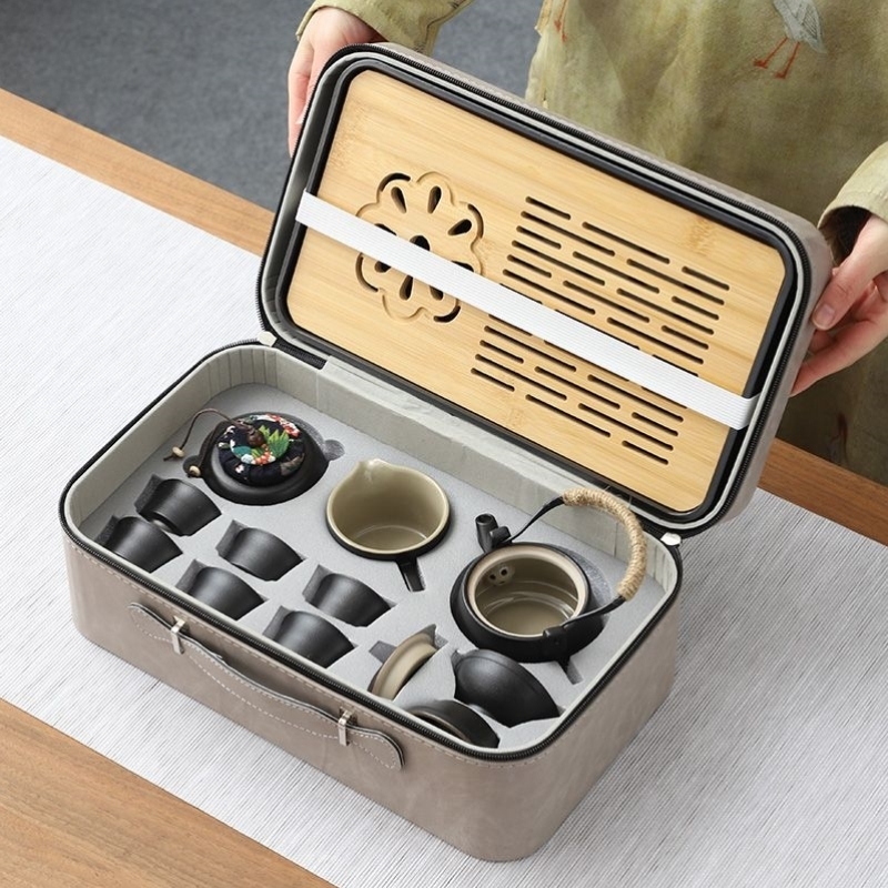 日式黑陶旅行功夫茶具小套装便携收纳包简约泡茶壶茶杯户外提梁壶