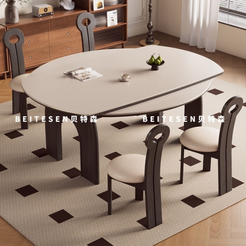 实木岩板餐桌椅组合家用小户型餐桌可伸缩方圆两用复古风吃饭桌子