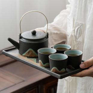 长方干泡盘禅意茶壶家用简约送礼 远山日式 粗陶功夫茶具套装