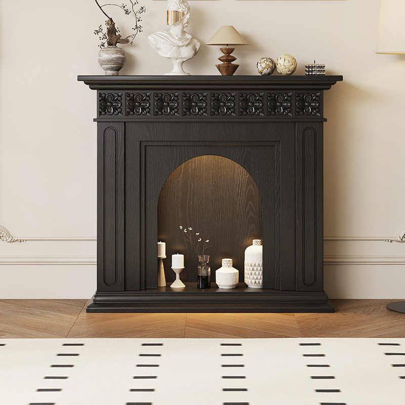 法式奶油风实木黑色壁炉装饰柜美式复古欧式雕花边柜入户玄关实木