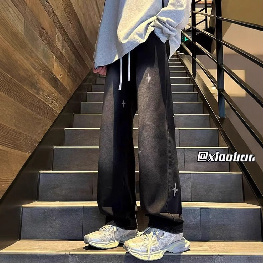 松紧腰星星牛仔裤男秋季男款黑色美式高街阔腿裤潮牌宽松直筒裤子