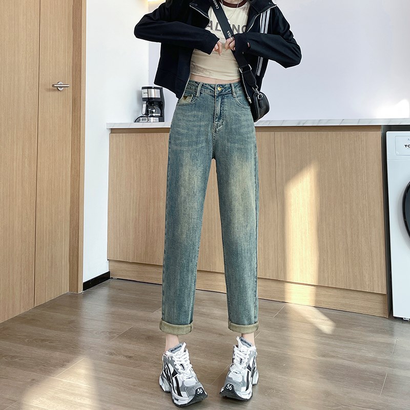 冷茶色复古哈伦牛仔裤女春秋新款高腰直筒显瘦小个子卷边老爹裤子