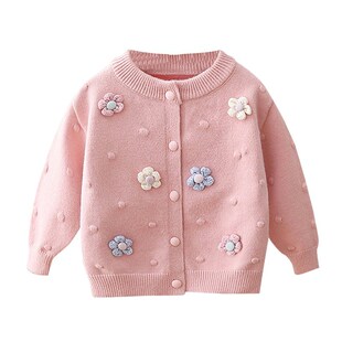 女童毛衣开衫外套秋冬儿童圆领手工花朵一岁女宝宝婴儿白色针织衫