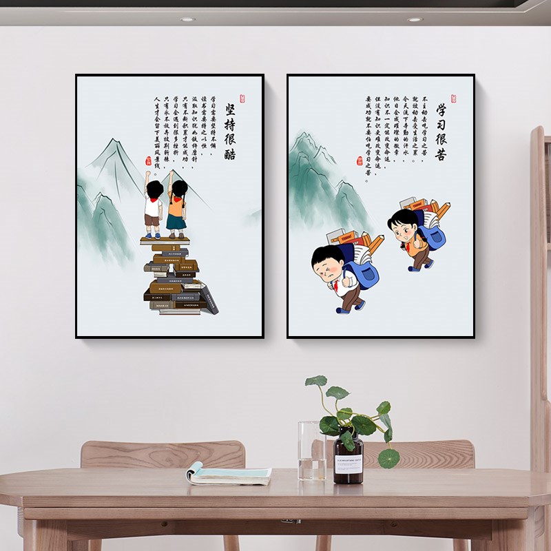 儿童励志挂画学生卧室床头装饰画书房墙壁画字画学习很苦坚持很酷图片
