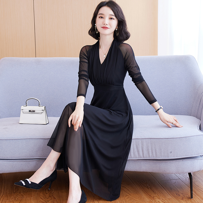春秋网纱连衣裙女长袖2022新款大码v领长款收腰显瘦气质洋气长裙