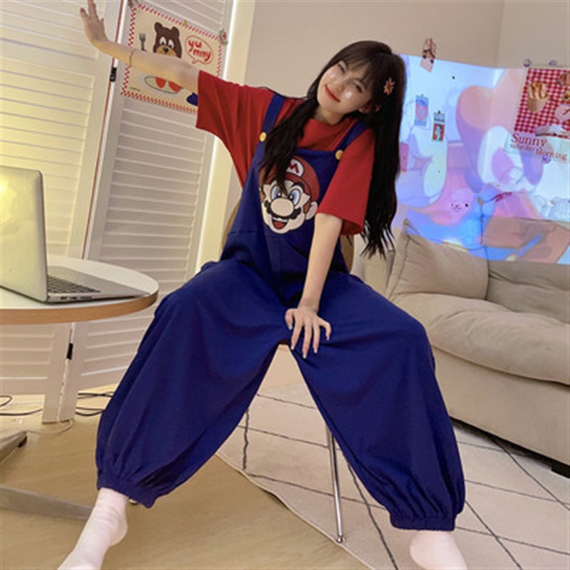 睡衣女连体短袖两件套夏季可爱卡通网红风闺蜜装晨袍伴娘团套装薄