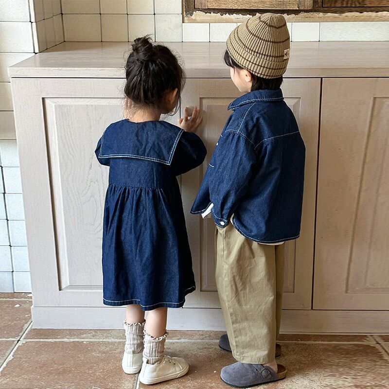 女童牛仔连衣裙兄妹秋装儿童洋气2024新款春秋季宝宝男童衬衫外套
