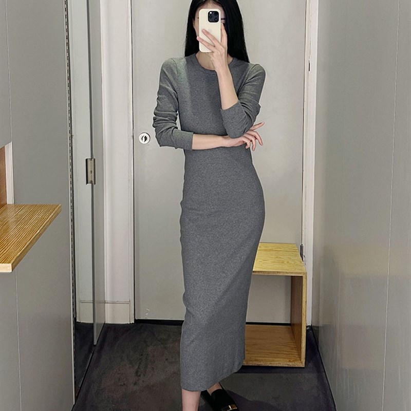 极简COS风黑色针织罗纹T恤连衣裙标准版型圆领长袖中长款薄款女装