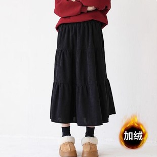 女童半身裙秋冬儿童加绒裙子中长款灯芯绒黑色半裙冬季大童蛋糕裙
