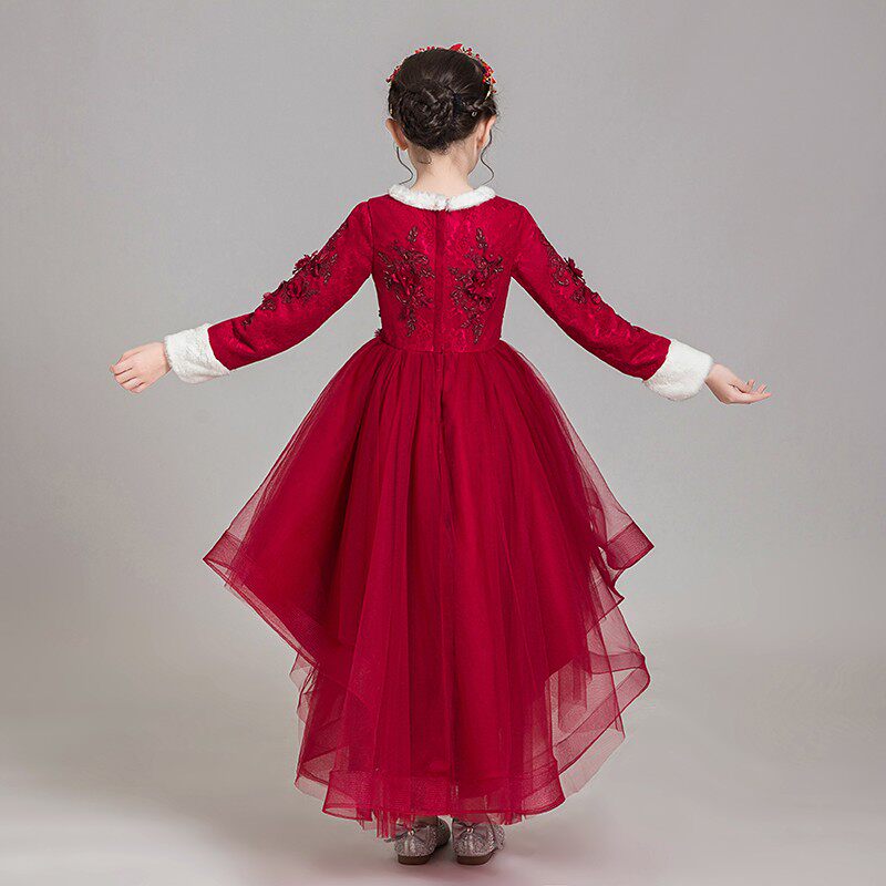 儿童礼服公主裙女童红色长袖加绒花童主持人钢琴演出服演奏秋冬季