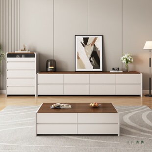 中古奶油风纯实木高款落地电视柜客厅家用收纳储物柜一体2025新款