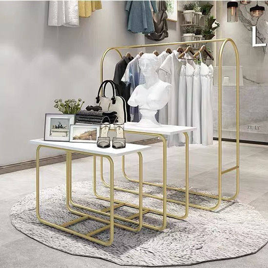 简易服装店流水台装饰 橱窗衣架展示架 中岛展示台柜高低置物桌子