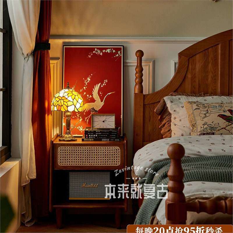 法式中古风纯实木藤编床头柜小型小户型卧室家用现代简约复古边柜