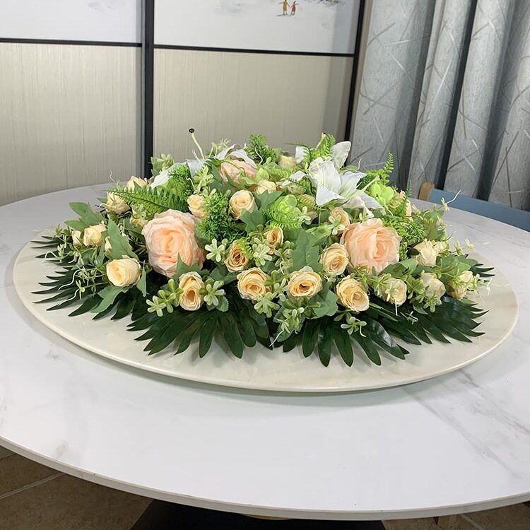 酒店圆桌中间摆花花装饰花假花绢花饭店餐桌转盘桌面摆设花艺
