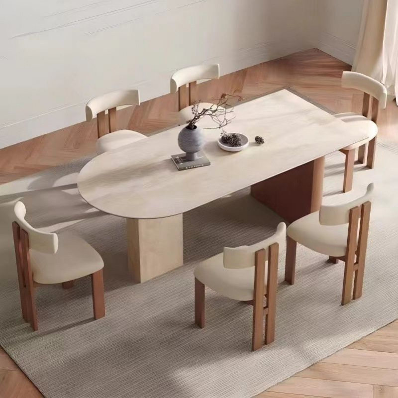 法式复古实木岩板半圆餐桌椅组合