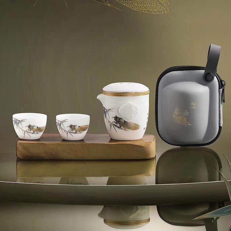 瓷语颠羊脂玉瓷快陶瓷客杯一壶两杯旅行茶具套装户外便携包陶瓷