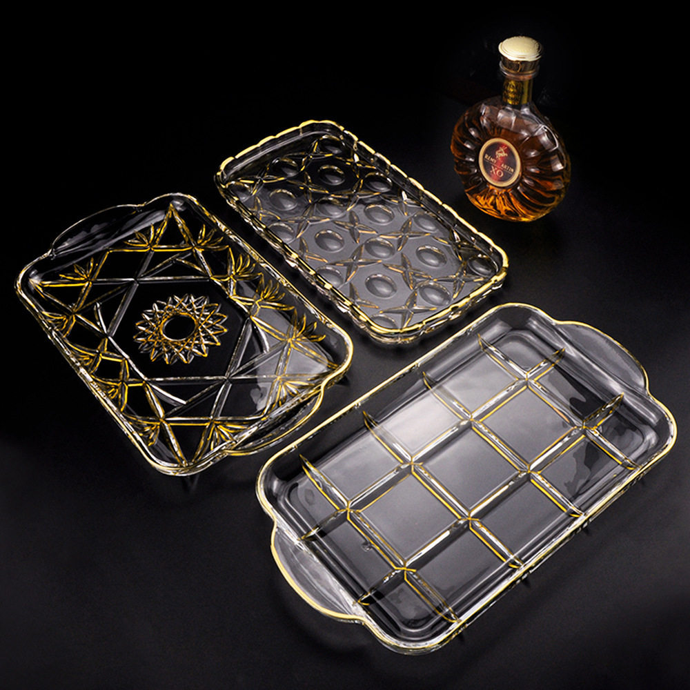 金色大号水晶玻璃现代家居装饰托盘奢华描金茶几摆件干果盘方盘