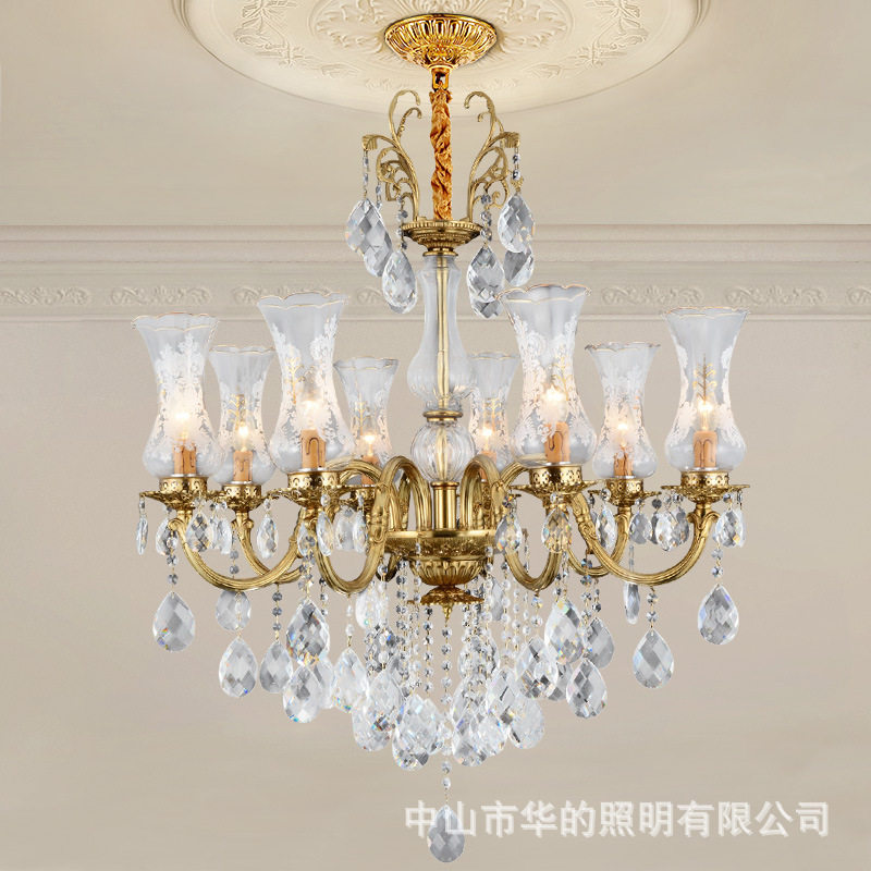 欧式全铜水晶吊灯客厅餐厅卧室灯法式轻奢别墅复式楼茶室书房铜灯
