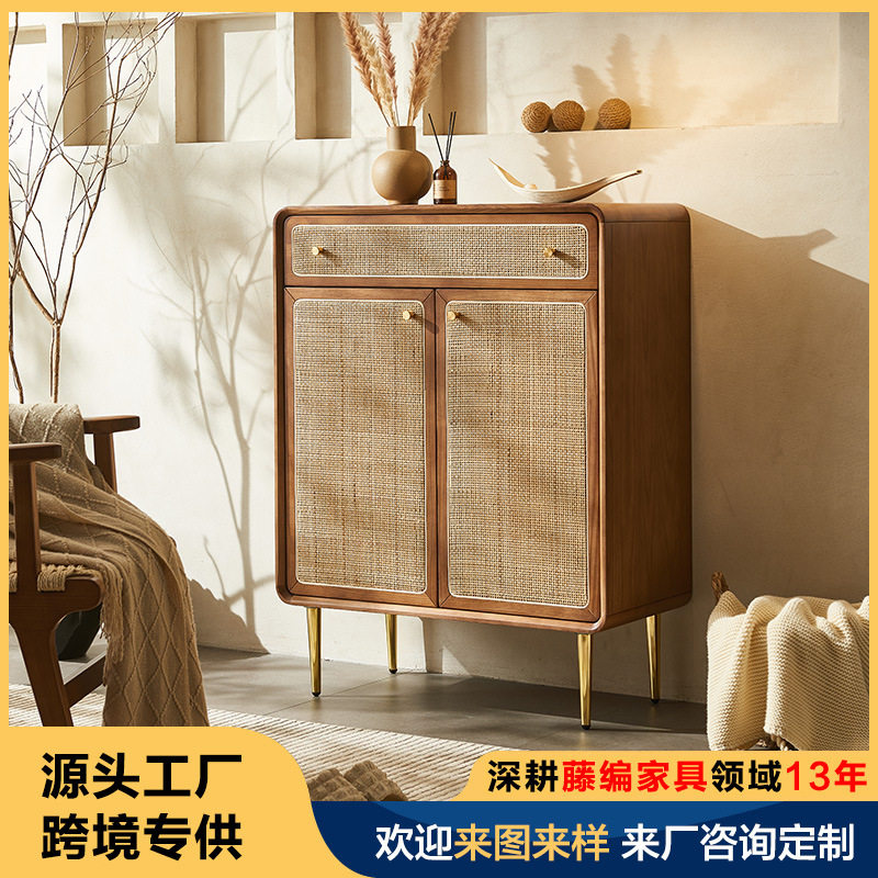 藤编大师实木玄关鞋柜分层收纳