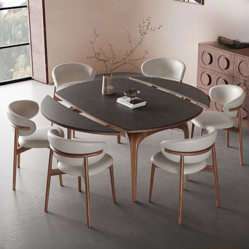 法式实木折叠岩板餐桌可变圆餐厅餐桌中古极简岩板伸缩餐桌椅组合