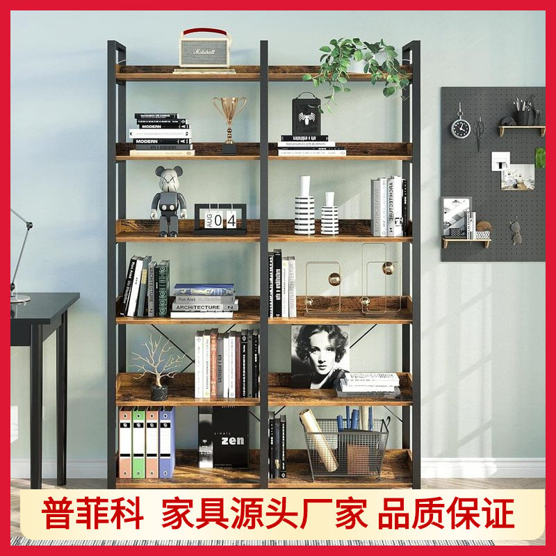 6层书架带4个挂钩工业板式书柜带开放式层板的复古棕色的立式书架