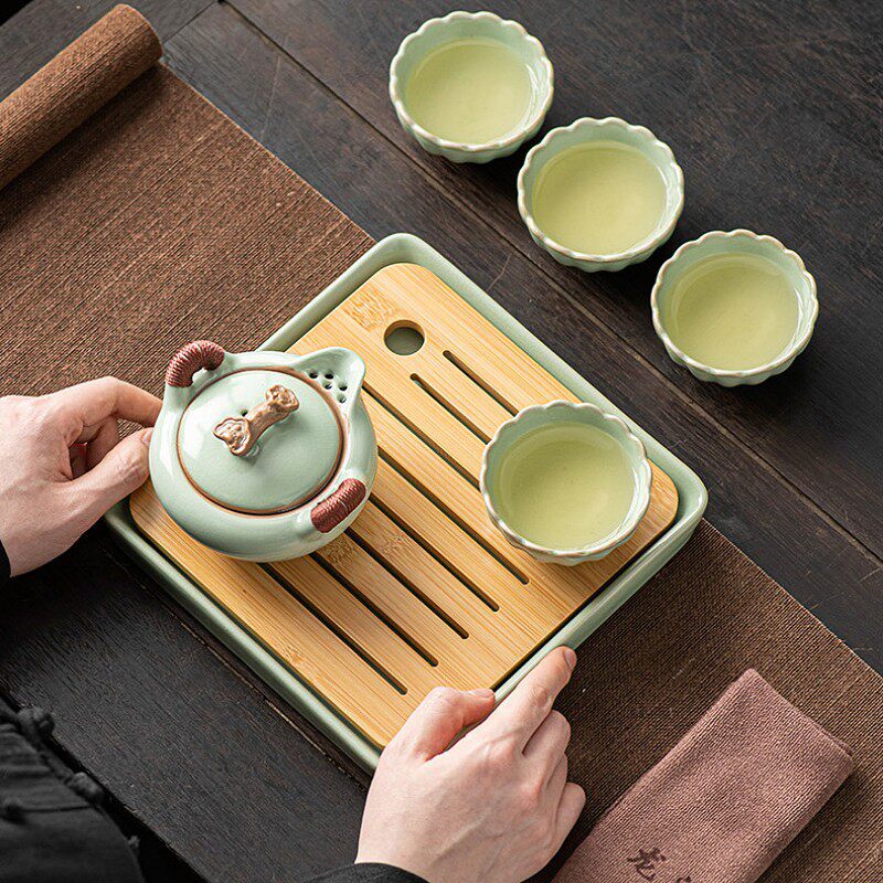 高档汝窑旅行茶具套装一壶两杯快客杯茶壶茶杯功夫户外便携包茶罐